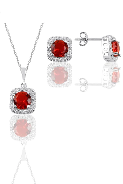 Gümüş beyaz altın rodyumlu kırmızı taşlı kare ikili set SGTL11579KIRMIZI ürün görseli 1