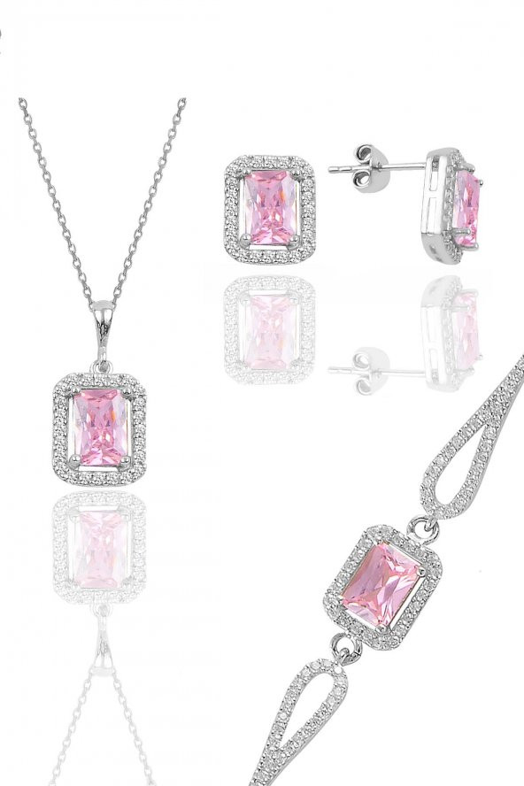 Gümüş rodyumlu pembe taşlı baget kesim üçlü set ürün görseli 1