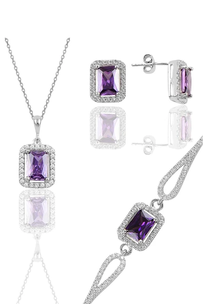 Gümüş rodyumlu ametis taşlı baget kesim üçlü set SGTL11598MOR ürün görseli 1