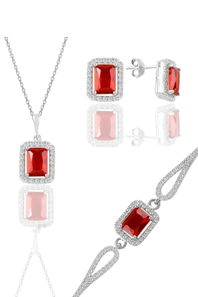 Gümüş rodyumlu kırmızı taşlı baget kesim üçlü set SGTL11598KIRMIZI ürün görseli 1