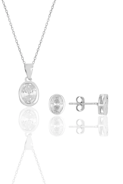 Gümüş rodyumlu oval kesim zirkon taşlı kolye kupe ikili set.. SGTL11618OVAL ürün görseli 1