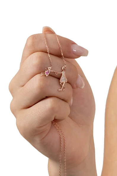 Gümüş rose taşlı anne ve çocuk mutluluk gümüş kolye SGTL10604ROSE ürün görseli 1