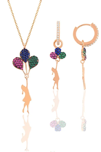 Gümüş rose balonlu kız kolye ve küpe gümüş set SGTL10603ROSE ürün görseli 1