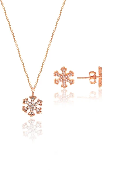 Gümüş rose zirkon taşlı kar tanesi kolye ve küpe gümüş ikili set SGTL10602KAR ürün görseli 1