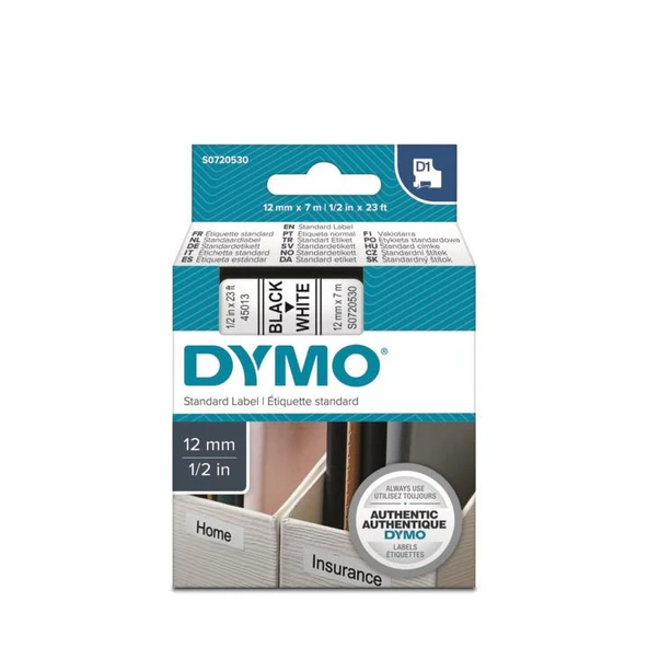 DYMO D1 Beyaz/Siyah Yedek Şerit 12mm x 7mt (45013) ürün görseli 1