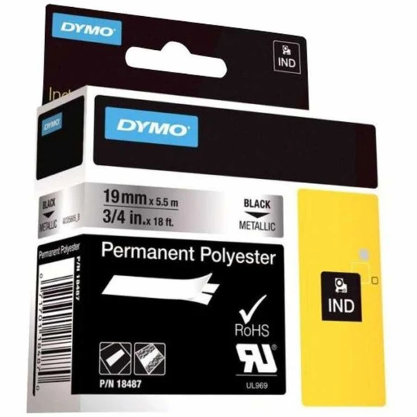 DYMO Rhino Pro Sabit Polyester Şerit 19mmx5,5m MetalikGri/Siyah (18487) ürün görseli 1