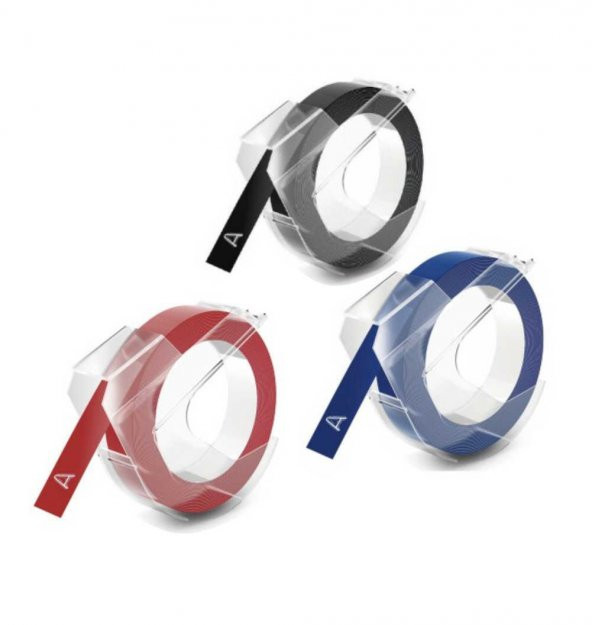 DYMO 3D Kabartma Şerit 9mm x 3mt (Siyah/Mavi/Kırmızı 3 lü Paket) ürün görseli 1