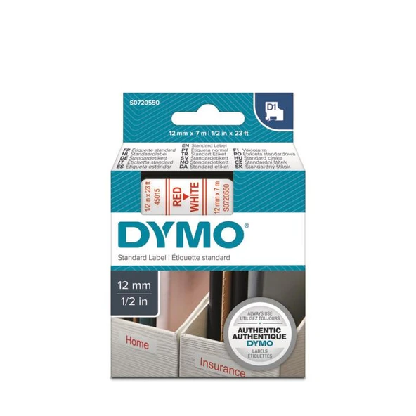 DYMO D1 Beyaz/Kırmızı Yedek Şerit 12mm x 7mt (45015) ürün görseli 1