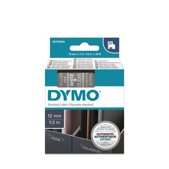 DYMO D1 Şeffaf/Beyaz Yedek Şerit 12mm x 7mt (45020) ürün görseli 1