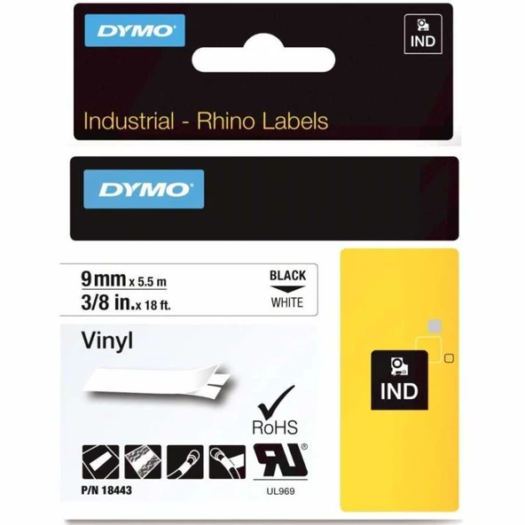DYMO RhinoPRO Renkli Vinil Şerit 9mmx5,5m Beyaz/Siyah 18443 ürün görseli 1