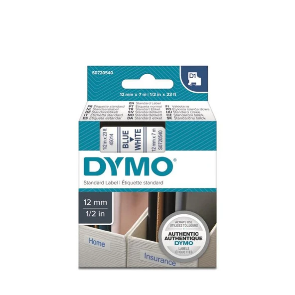 DYMO D1 Beyaz/Mavi Yedek Şerit 12mm x 7mt (45014) ürün görseli 1