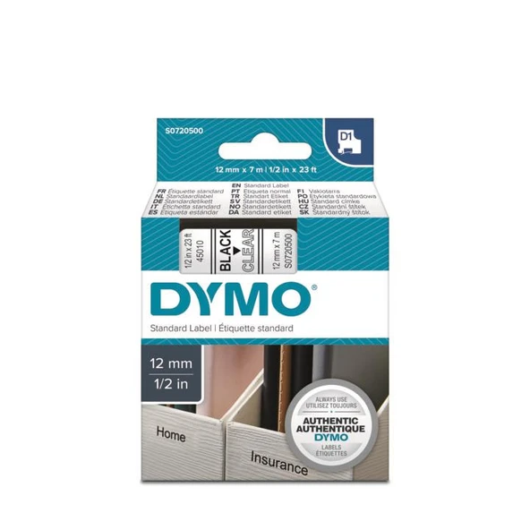 DYMO D1 Şeffaf/Siyah Yedek Şerit 12mm x 7mt (45010) ürün görseli 1