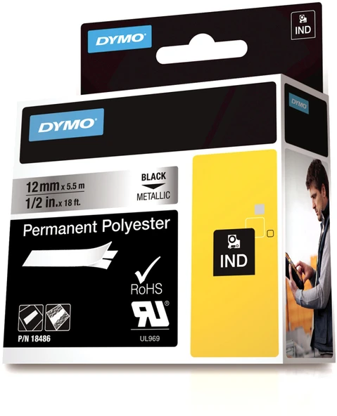 DYMO Rhino 18486 Polyester Şerit 12mmx5,5m Metalikgri/Siyah ürün görseli 1