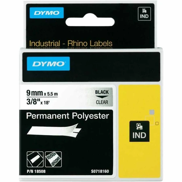 DYMO Rhino Pro 18508 Sabit Polyester Şerit 9mmx5,5m Şeffaf/Siyah ürün görseli 1