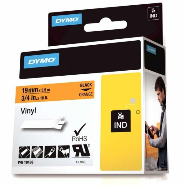 DYMO RhinoPRO 18436 Turuncu/Siyah Renkli Vinil Şerit 19 mm x 5,5 mt ürün görseli 1
