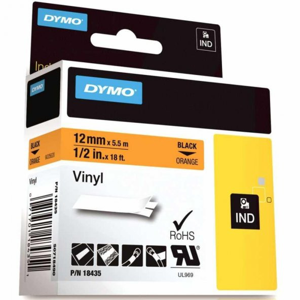 DYMO RhinoPRO 18435 Turuncu/Siyah Renkli Vinil Şerit 12 mm x 5,5 mt ürün görseli 1