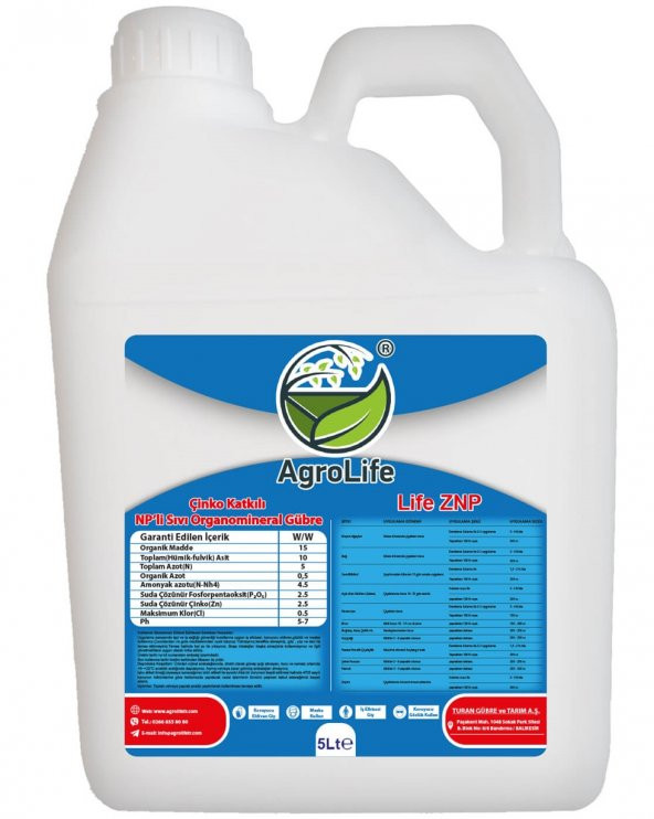 Argesol Tarım (LIFE ZNP) Çinko Katkılı NPli Sıvı Organomineral Gübre 5 L ürün görseli 1