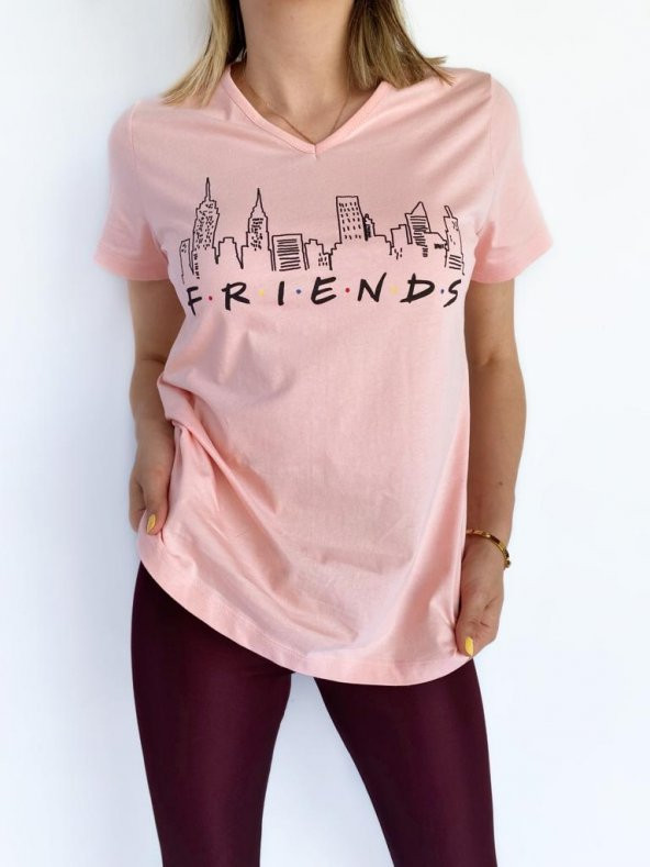 Kadın V Yaka Friends Baskılı Pembe Tshirt ürün görseli 1
