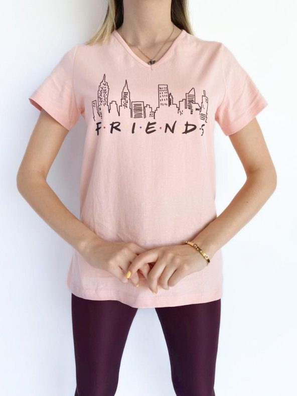 Kadın V Yaka Friends Baskılı Pembe Tshirt - Resim 2