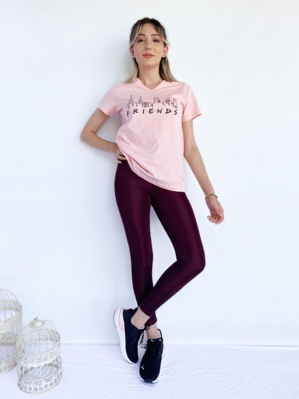 Kadın V Yaka Friends Baskılı Pembe Tshirt - Resim 3