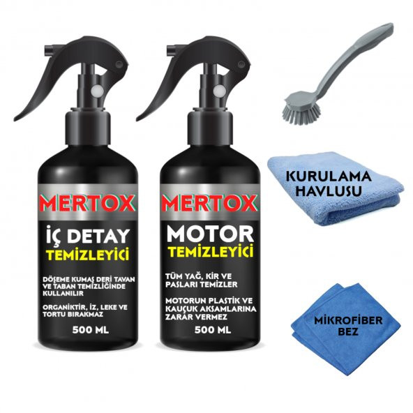 MERTOX ARAÇ ARABA OTOMOBİL OTO TEMİZLİK SETİ - İÇ DETAY + MOTOR TEMİZLEYİCİ SPREY 2X500ML ürün görseli 1
