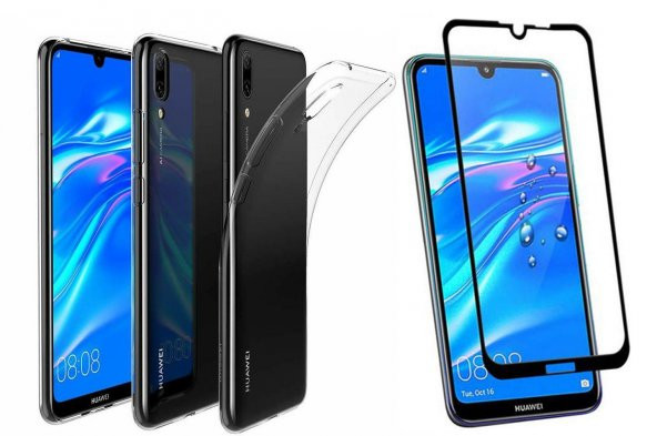 Huawei Y7 2019 Kılıf Şeffaf Süper Silikon Korumalı + 6D Nano Cam ürün görseli 1
