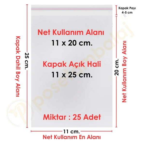 11x20+5 cm. (11x25) 25 Adet Şeffaf Bantlı Yapışkanlı Jelatin Poşet ürün görseli 1