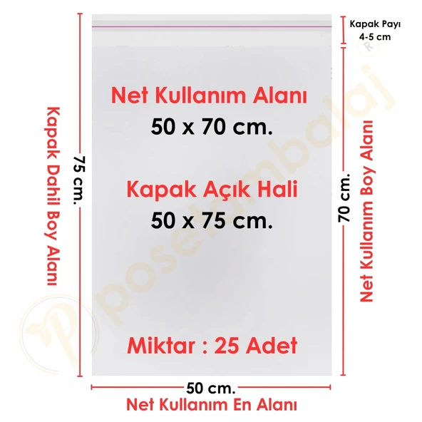 50x70+5 cm. (50x75) 25 Adet Şeffaf Bantlı Yapışkanlı Jelatin Poşet ürün görseli 1