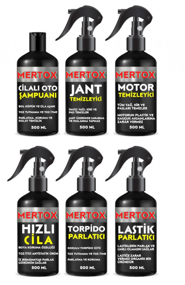 MERTOX ARAÇ ARABA OTOMOBİL OTO TEMİZLİK SETİ OTO ŞAMPUANI+JANT-MOTOR TEMİZLEYİCİ+HIZLI CİLA+TORPİDO+LASTİK PARLATICI 6X500ML ürün görseli 1