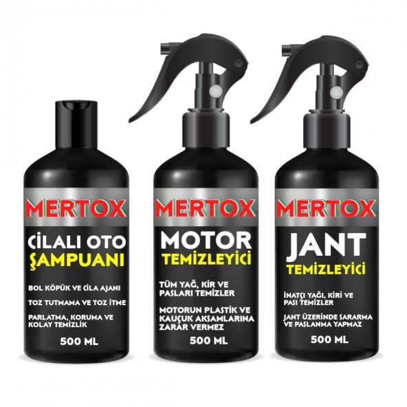 MERTOX ARAÇ ARABA OTOMOBİL OTO TEMİZLİK SETİ ÜRÜNLERİ CİLALI OTO ŞAMPUANI+MOTOR+JANT TEMİZLEYİCİ 3X500ML MALZEMELERİ ürün görseli 1