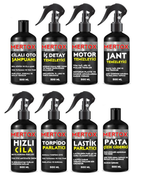 MERTOX ARAÇ ARABA OTOMOBİL OTO TEMİZLİK SETİ ŞAMPUAN+İÇ DETAY+MOTOR+HIZLI CİLA+TORPİDO+LASTİK+JANT+PASTA 8X500ML ürün görseli 1