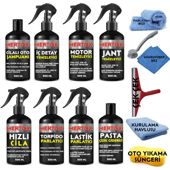 MERTOX ARAÇ ARABA OTOMOBİL OTO TEMİZLİK ÜRÜNLERİ ŞAMPUAN+İÇ DETAY+MOTOR+HIZLI CİLA+TORPİDO+LASTİK+JANT+PASTA 8X500ML ürün görseli 1