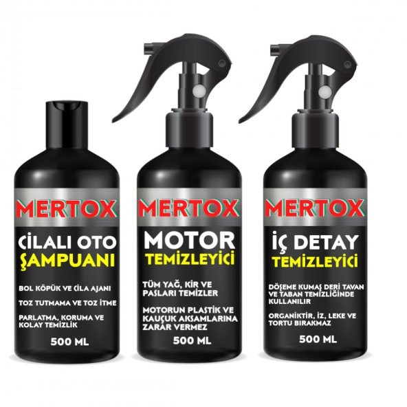 MERTOX ARAÇ ARABA OTOMOBİL OTO TEMİZLİK SETİ ÜRÜNLERİ CİLALI OTO ŞAMPUANI+MOTOR+İÇ DETAY TEMİZLEYİCİ 3X500ML MALZEMELERİ ürün görseli 1