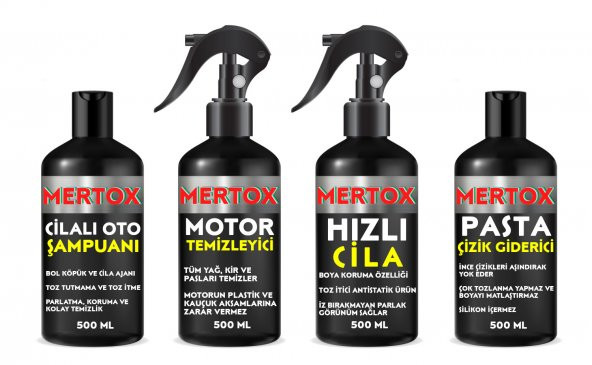 MERTOX ARAÇ ARABA OTOMOBİL OTO TEMİZLİK SETİ ÜRÜNLERİ OTO ŞAMPUANI+MOTOR TEMİZLEYİCİ+HIZLI CİLA+İNCE PASTA 4X500ML ürün görseli 1