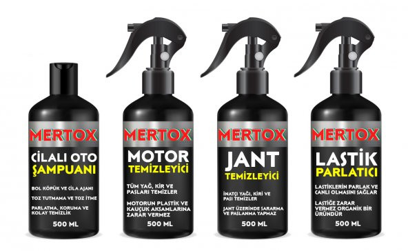 MERTOX ARAÇ ARABA OTOMOBİL OTO TEMİZLİK SETİ ÜRÜNLERİ MOTOR JANT TEMİZLEYİCİ OTO ŞAMPUANI VE LASTİK PARLATICI 4X500ML ürün görseli 1