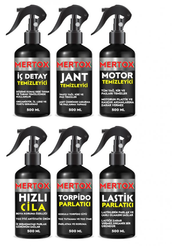 MERTOX ARAÇ ARABA OTOMOBİL OTO TEMİZLİK SETİ İÇ DETAY+JANT-MOTOR TEMİZLEYİCİ+HIZLI CİLA+TORPİDO+LASTİK PARLATICI 6X500ML ürün görseli 1
