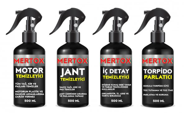 MERTOX ARAÇ ARABA OTOMOBİL OTO TEMİZLİK SETİ ÜRÜNLERİ MOTOR JANT İÇ DETAY TEMİZLEYİCİ VE TORPİDO PARLATICI SÜT 4X500ML ürün görseli 1