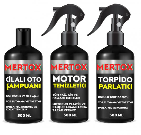 MERTOX ARAÇ ARABA OTOMOBİL OTO TEMİZLİK SETİ ÜRÜNLERİ CİLALI OTO ŞAMPUANI+MOTOR+TORPİDO PARLATICI 3X500ML MALZEMELERİ ürün görseli 1
