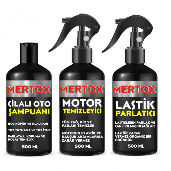 MERTOX ARAÇ ARABA OTOMOBİL OTO TEMİZLİK SETİ ÜRÜNLERİ CİLALI OTO ŞAMPUANI+MOTOR+LASTİK PARLATICI 3X500ML MALZEMELERİ ürün görseli 1