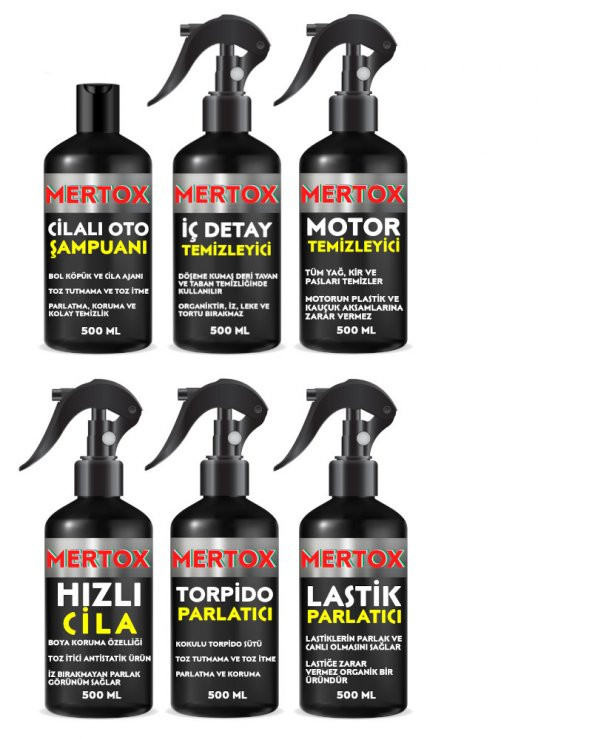 MERTOX ARAÇ ARABA OTOMOBİL OTO TEMİZLİK SETİ OTO ŞAMPUANI+İÇ DETAY+MOTOR+HIZLI CİLA+TORPİDO+LASTİK 6X500ML ürün görseli 1