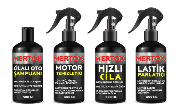 MERTOX ARAÇ ARABA OTOMOBİL OTO TEMİZLİK SETİ ÜRÜNLERİ OTO ŞAMPUANI+MOTOR TEMİZLEYİCİ+HIZLI CİLA+LASTİK PARLATICI 4X500ML ürün görseli 1