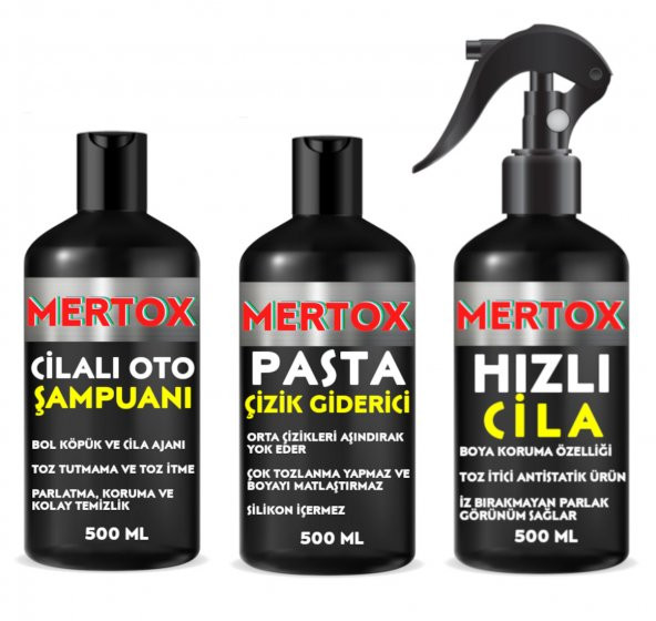 MERTOX ARAÇ ARABA OTOMOBİL OTO TEMİZLİK SETİ ÜRÜNLERİ CİLALI OTO ŞAMPUANI+İNCE PASTA+HIZLI CİLA 3X500ML MALZEMELERİ ürün görseli 1