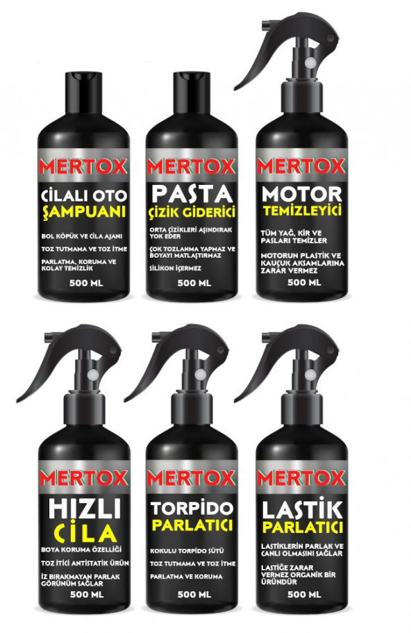 MERTOX ARAÇ ARABA OTOMOBİL OTO TEMİZLİK SETİ OTO ŞAMPUANI+PASTA+MOTOR+HIZLI CİLA+TORPİDO+LASTİK 6X500ML ürün görseli 1