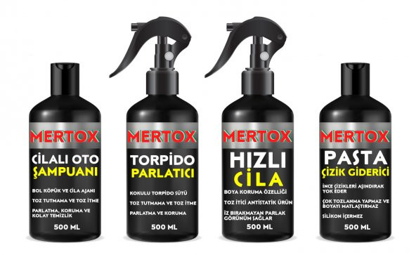MERTOX ARAÇ ARABA OTOMOBİL OTO TEMİZLİK SETİ ÜRÜNLERİ OTO ŞAMPUANI+TORPİDO PARLATICI+HIZLI CİLA+İNCE PASTA 4X500ML ürün görseli 1