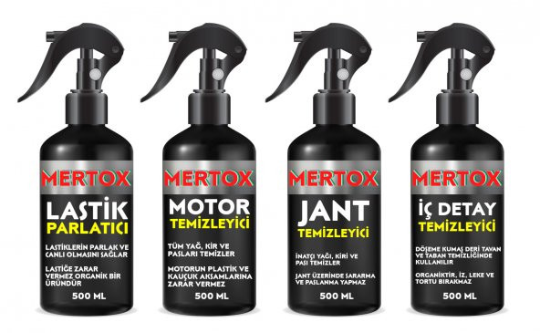 MERTOX ARAÇ ARABA OTOMOBİL OTO TEMİZLİK SETİ ÜRÜNLERİ MOTOR JANT İÇ DETAY TEMİZLEYİCİ VE LASTİK PARLATICI 4X500ML ürün görseli 1
