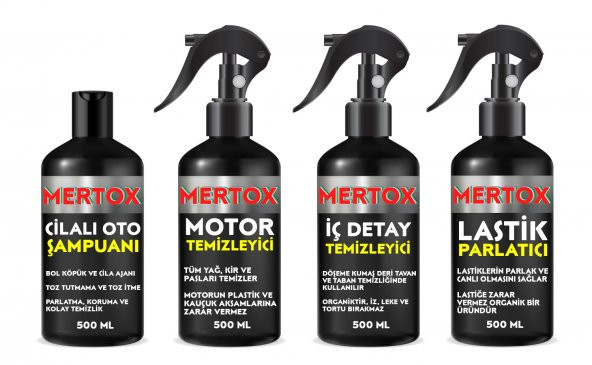 MERTOX ARAÇ ARABA OTOMOBİL OTO TEMİZLİK SETİ ÜRÜNLERİ MOTOR İÇ DETAY TEMİZLEYİCİ LASTİK PARLATICI OTO ŞAMPUANI 4X500ML ürün görseli 1