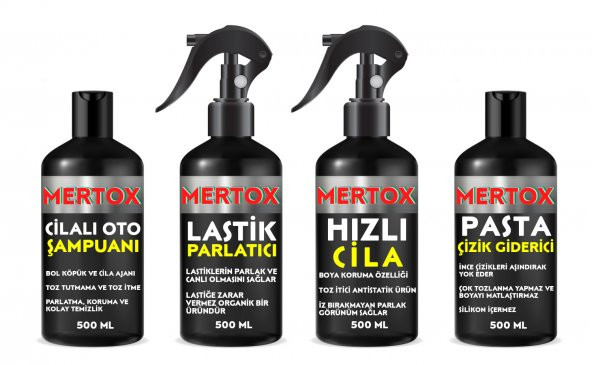 MERTOX ARAÇ ARABA OTOMOBİL OTO TEMİZLİK SETİ ÜRÜNLERİ OTO ŞAMPUANI+LASTİK PARLATICI+HIZLI CİLA+İNCE PASTA 4X500ML ürün görseli 1