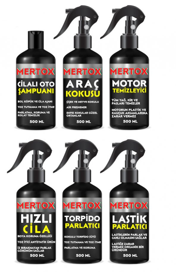 MERTOX ARAÇ ARABA OTOMOBİL OTO TEMİZLİK SETİ OTO ŞAMPUANI+ARAÇ KOKUSU+MOTOR+HIZLI CİLA+TORPİDO+LASTİK 6X500ML ürün görseli 1