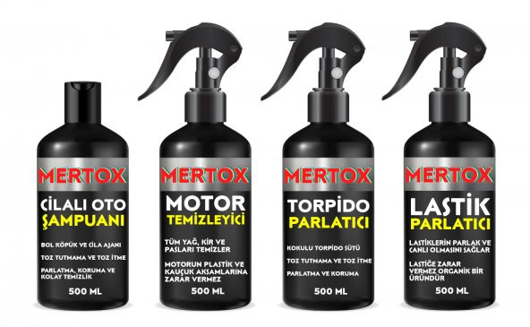 MERTOX ARAÇ ARABA OTOMOBİL OTO TEMİZLİK SETİ ÜRÜNLERİ OTO ŞAMPUANI MOTOR TEMİZLEYİCİ TORPİDO+LASTİK PARLATICI 4X500ML ürün görseli 1