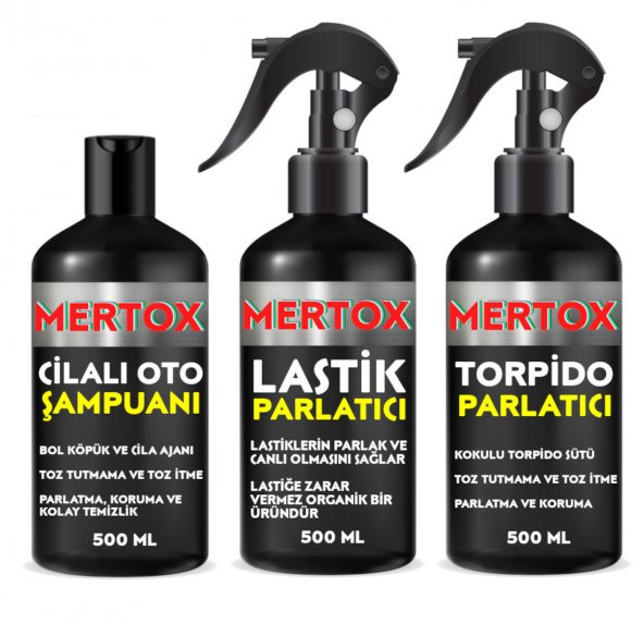 MERTOX ARAÇ ARABA OTOMOBİL OTO TEMİZLİK SETİ ÜRÜNLERİ CİLALI OTO ŞAMPUANI+LASTİK+TORPİDO PARLATICI 3X500ML MALZEMELERİ ürün görseli 1